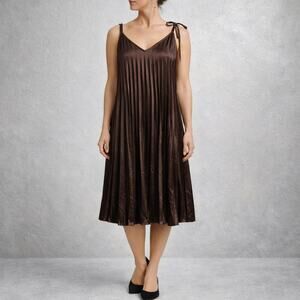 Annabelle Brown Satin Pleated Tie Strap Midi Dress Sz L NWT